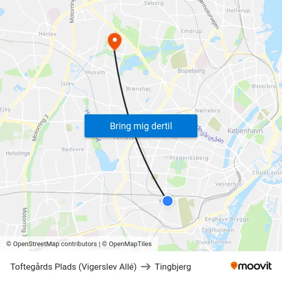 Toftegårds Plads (Vigerslev Allé) to Tingbjerg map