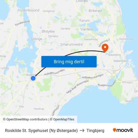 Roskilde St. Sygehuset (Ny Østergade) to Tingbjerg map