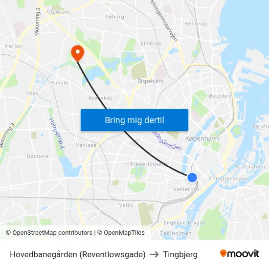 Hovedbanegården (Reventlowsgade) to Tingbjerg map