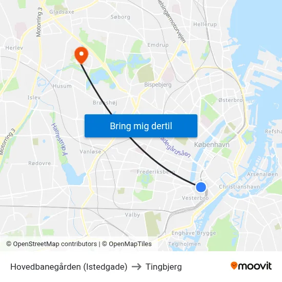 Hovedbanegården (Istedgade) to Tingbjerg map