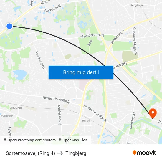 Sortemosevej (Ring 4) to Tingbjerg map