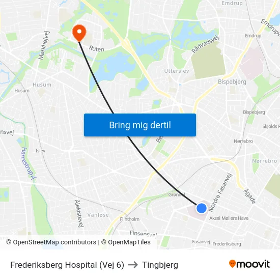 Frederiksberg Hospital (Vej 6) to Tingbjerg map