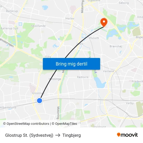 Glostrup St. (Sydvestvej) to Tingbjerg map
