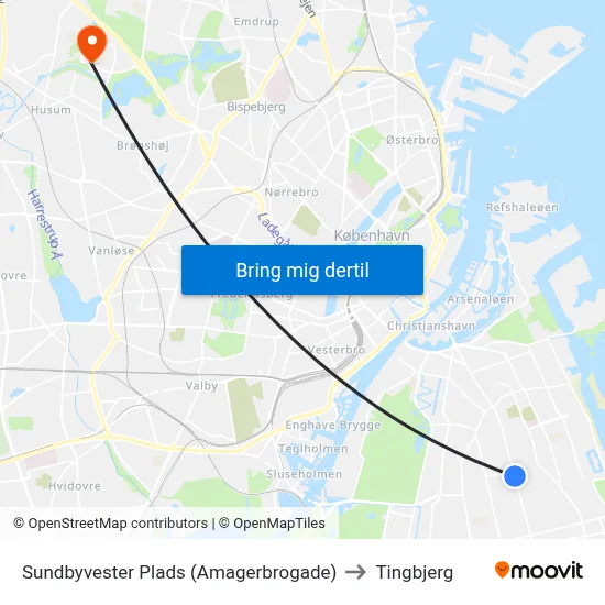 Sundbyvester Plads (Amagerbrogade) to Tingbjerg map