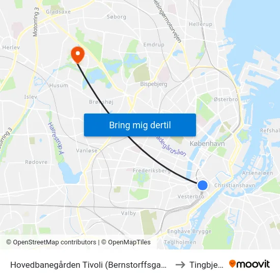 Hovedbanegården Tivoli (Bernstorffsgade) to Tingbjerg map
