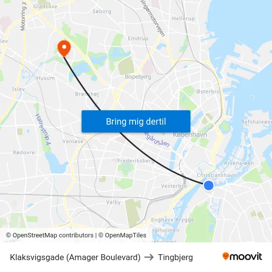 Klaksvigsgade (Amager Boulevard) to Tingbjerg map