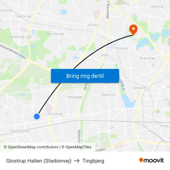 Glostrup Hallen (Stadionvej) to Tingbjerg map