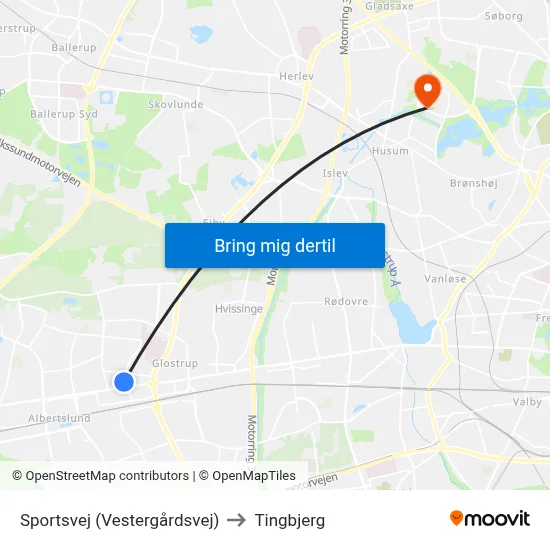 Sportsvej (Vestergårdsvej) to Tingbjerg map