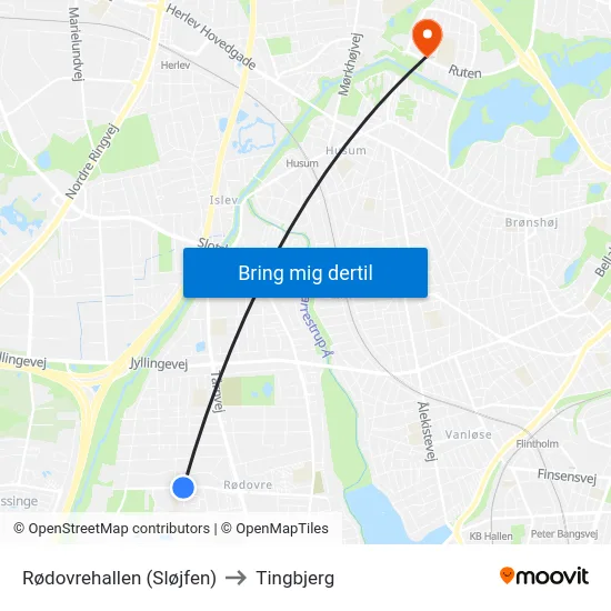 Rødovrehallen (Sløjfen) to Tingbjerg map