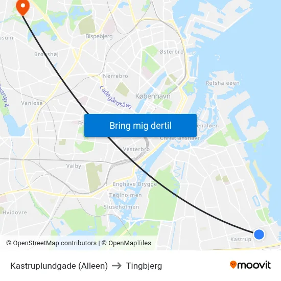 Kastruplundgade (Alleen) to Tingbjerg map