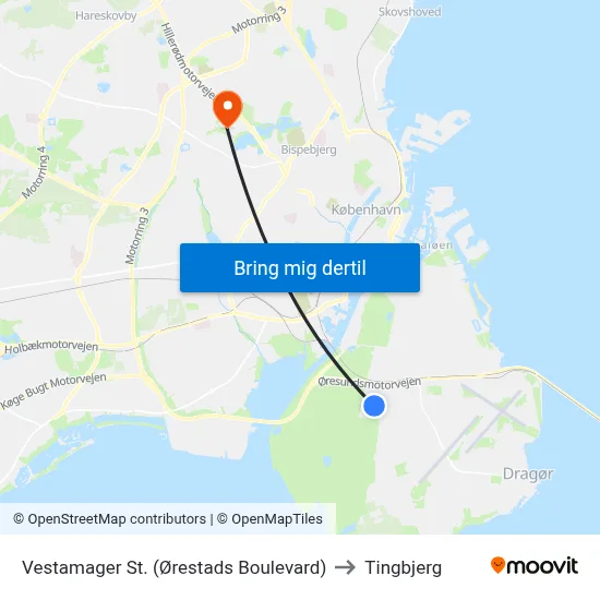 Vestamager St. (Ørestads Boulevard) to Tingbjerg map