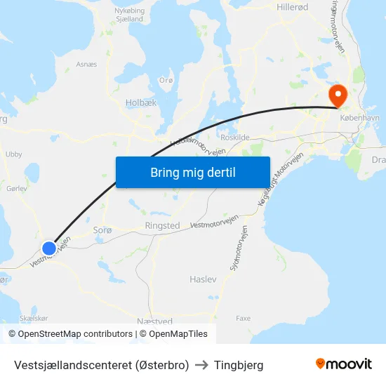 Vestsjællandscenteret (Østerbro) to Tingbjerg map