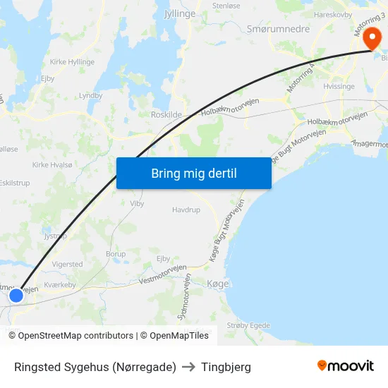 Ringsted Sygehus (Nørregade) to Tingbjerg map