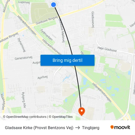 Gladsaxe Kirke (Provst Bentzons Vej) to Tingbjerg map