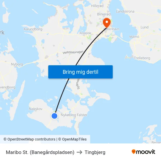 Maribo St. (Banegårdspladsen) to Tingbjerg map