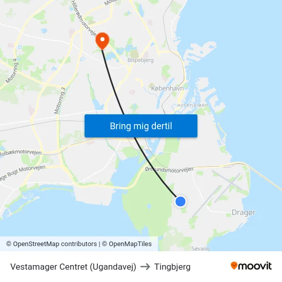 Vestamager Centret (Ugandavej) to Tingbjerg map