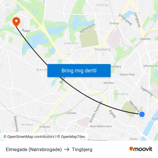 Elmegade (Nørrebrogade) to Tingbjerg map