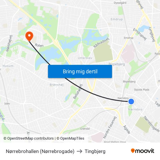 Nørrebrohallen (Nørrebrogade) to Tingbjerg map