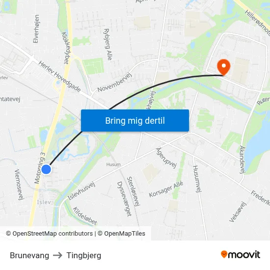 Brunevang to Tingbjerg map