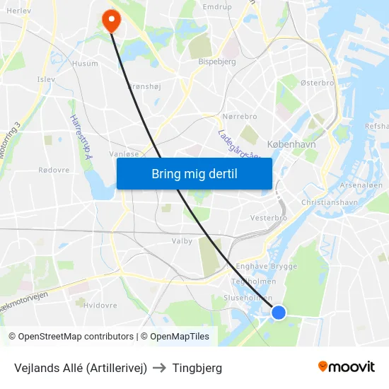 Vejlands Allé (Artillerivej) to Tingbjerg map