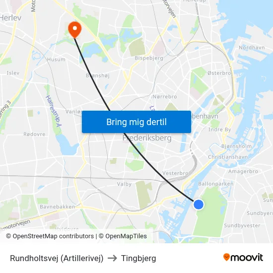 Rundholtsvej (Artillerivej) to Tingbjerg map