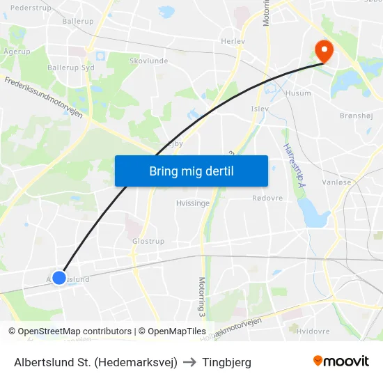 Albertslund St. (Hedemarksvej) to Tingbjerg map