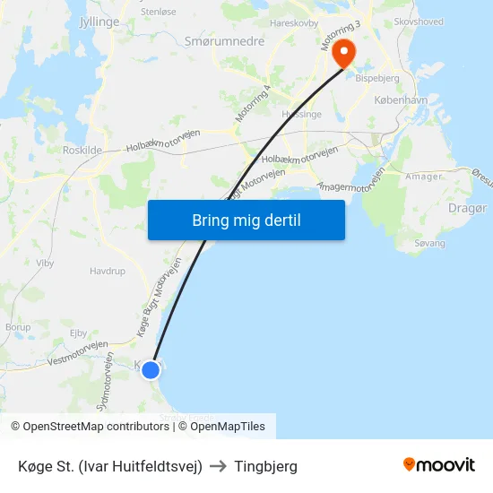 Køge St. (Ivar Huitfeldtsvej) to Tingbjerg map