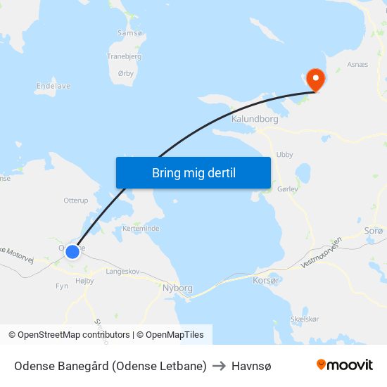 Odense Banegård (Odense Letbane) to Havnsø map