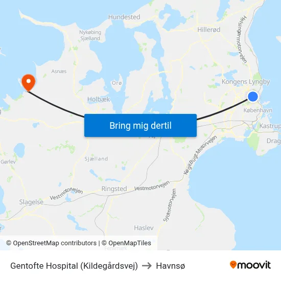 Gentofte Hospital (Kildegårdsvej) to Havnsø map