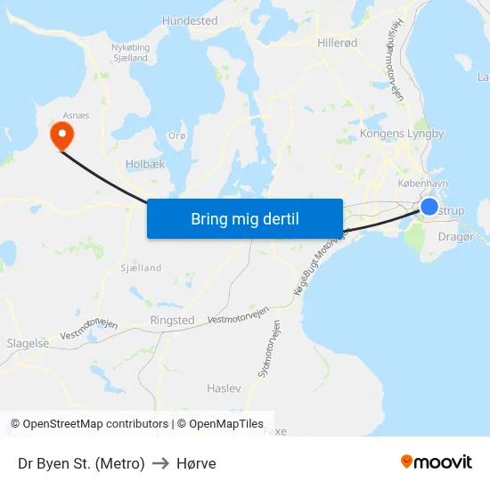 Dr Byen St. (Metro) to Hørve map
