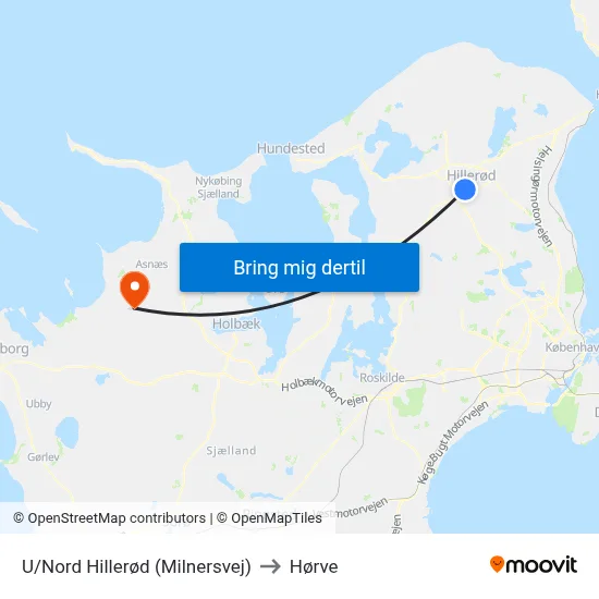 U/Nord Hillerød (Milnersvej) to Hørve map