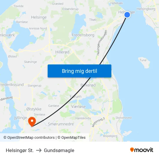Helsingør St. to Gundsømagle map