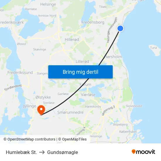Humlebæk St. to Gundsømagle map