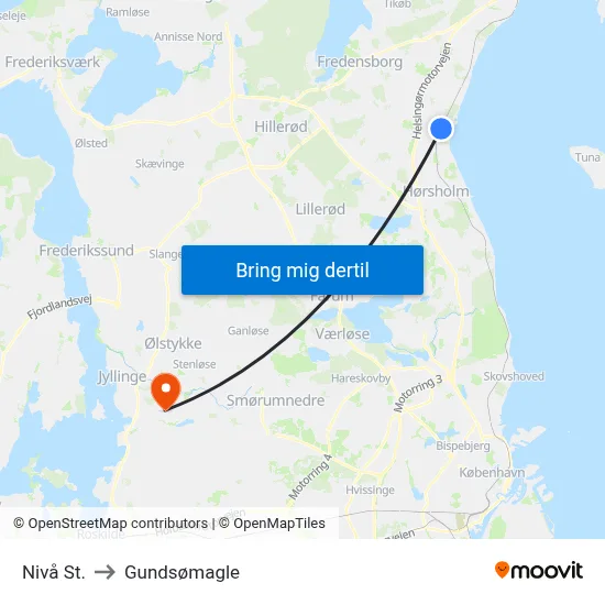 Nivå St. to Gundsømagle map