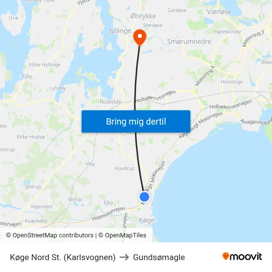 Køge Nord St. (Karlsvognen) to Gundsømagle map
