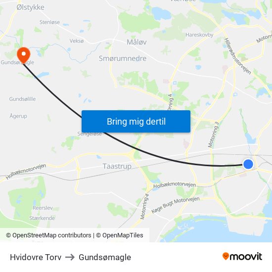 Hvidovre Torv to Gundsømagle map