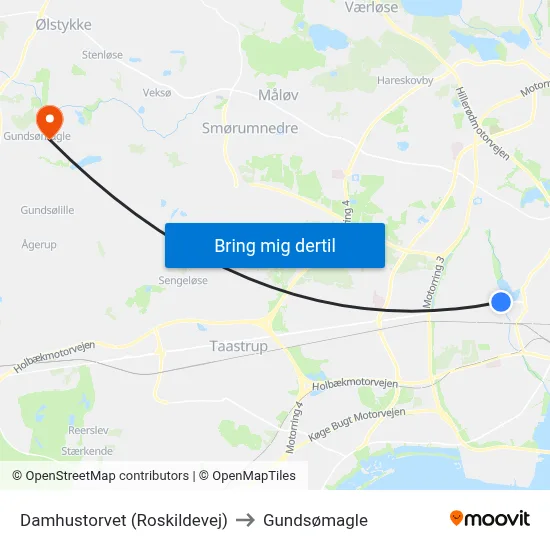 Damhustorvet (Roskildevej) to Gundsømagle map