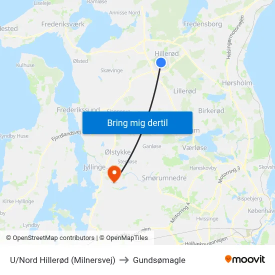 U/Nord Hillerød (Milnersvej) to Gundsømagle map