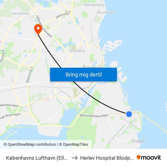 Københavns Lufthavn (Ellehammersvej) to Herlev Hospital Blodprøvetagning map