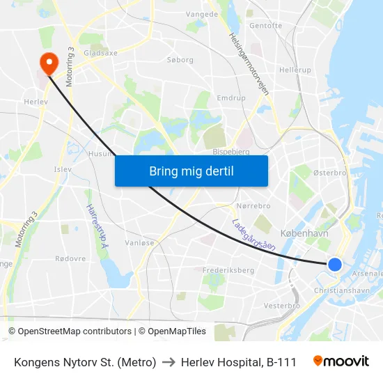 Kongens Nytorv St. (Metro) to Herlev Hospital, B-111 map