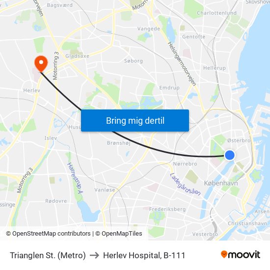 Trianglen St. (Metro) to Herlev Hospital, B-111 map