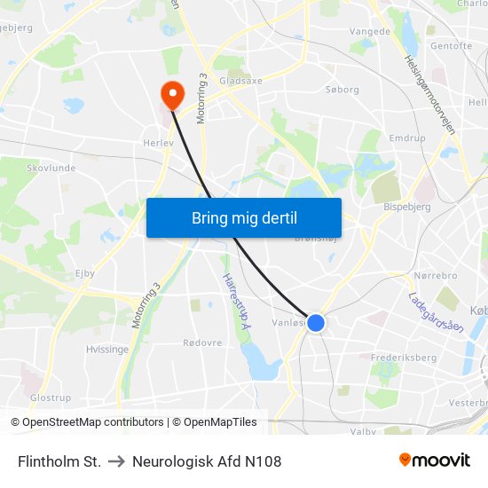 Flintholm St. to Neurologisk Afd  N108 map