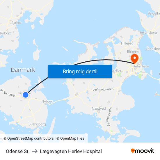 Odense St. to Lægevagten Herlev Hospital map