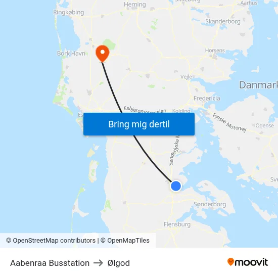 Aabenraa Busstation to Ølgod map