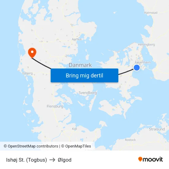Ishøj St. (Togbus) to Ølgod map