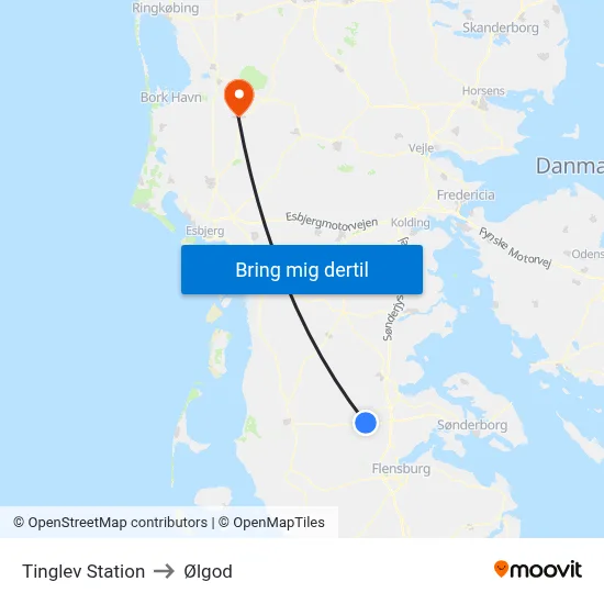 Tinglev Station to Ølgod map
