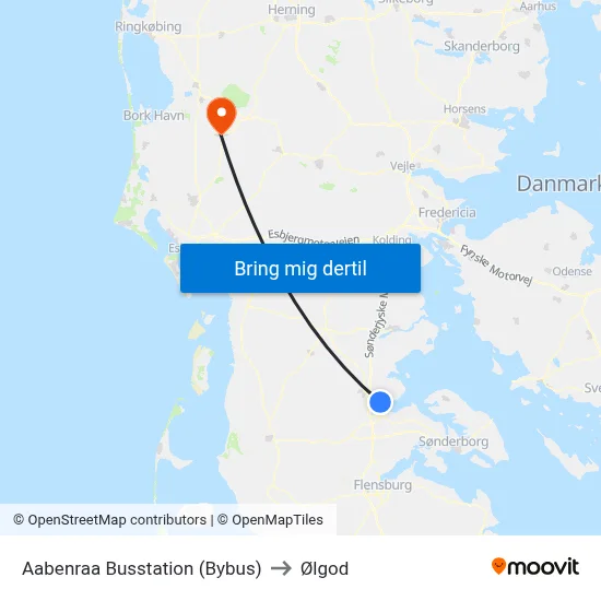 Aabenraa Busstation (Bybus) to Ølgod map