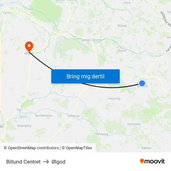 Billund Centret to Ølgod map