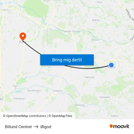 Billund Centret to Ølgod map