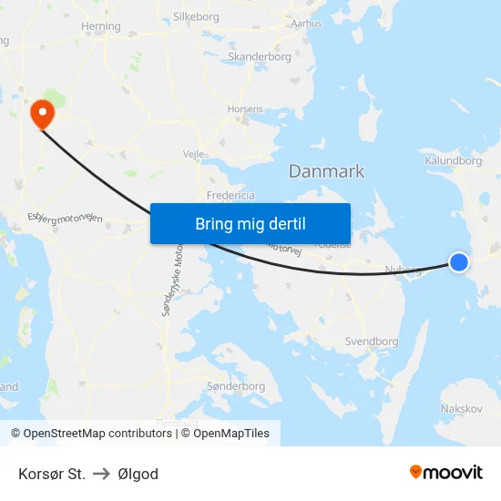 Korsør St. to Ølgod map
